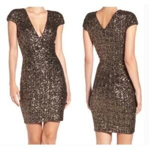 Dress the Population Bronze Sequins Zoe Bodycon Brown Vneck Cap Sleeve Mini XS